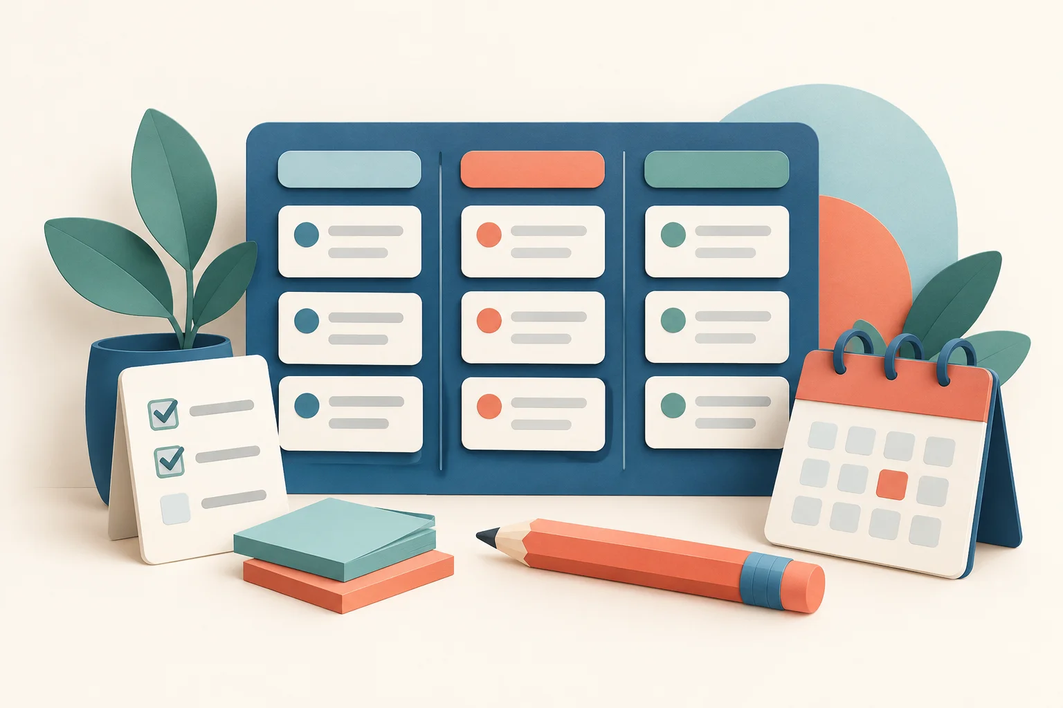 A paper-cut task board, checklist and calendar arranged as an organized workspace.